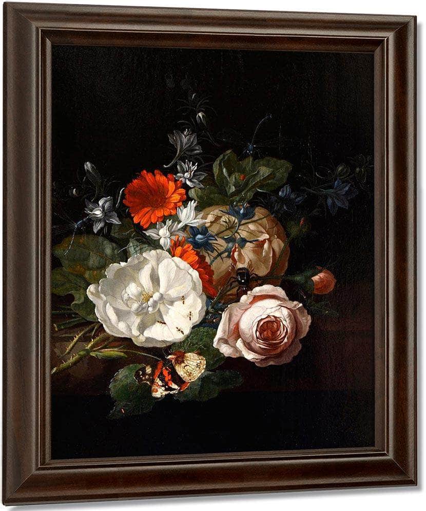 Still Life Of Flowers On A Table Ledge 1700 By Rachel Ruysch Fine Art Print