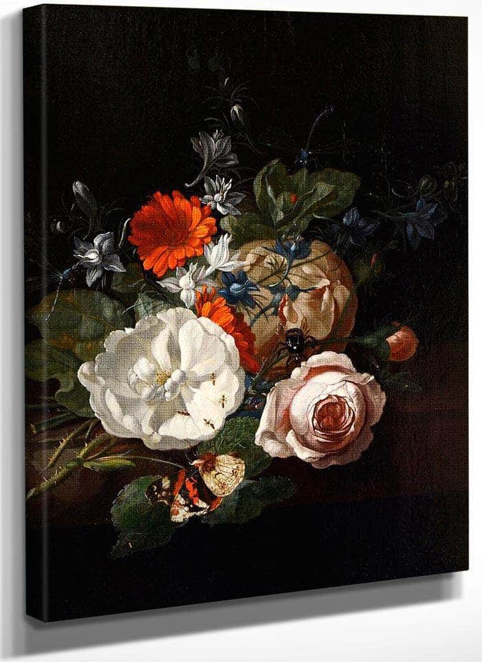 Still Life Of Flowers On A Table Ledge 1700 By Rachel Ruysch Fine Art Print