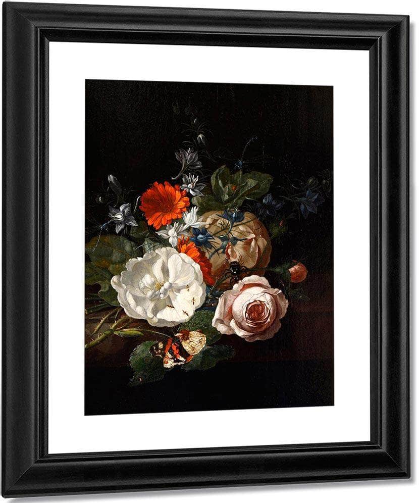 Still Life Of Flowers On A Table Ledge 1700 By Rachel Ruysch Fine Art Print