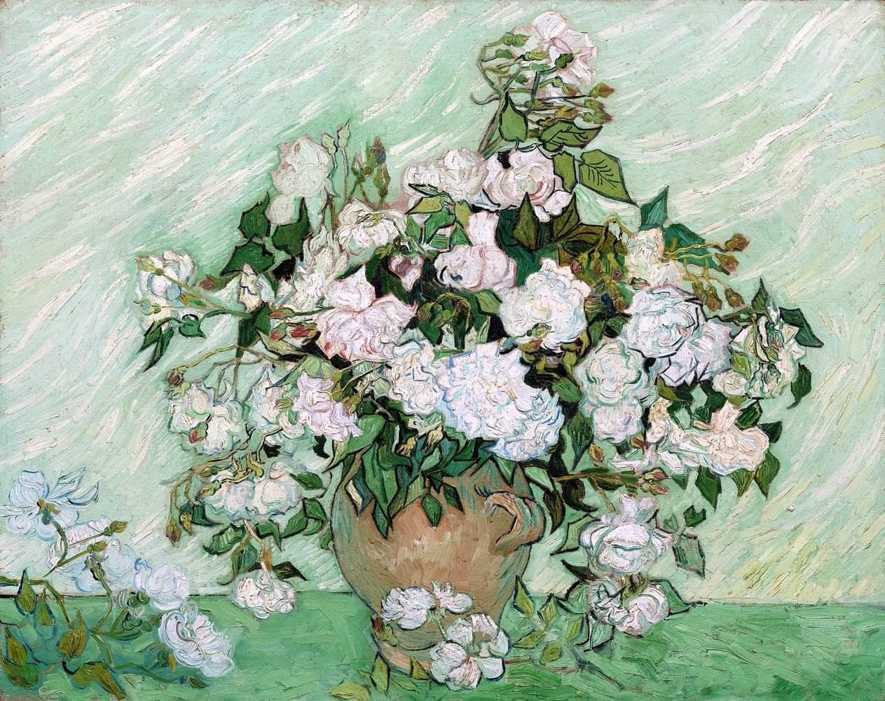 Still Life Vase With Pink Roses Painting Vincent Van Gogh Canvas Art Fine Art Print