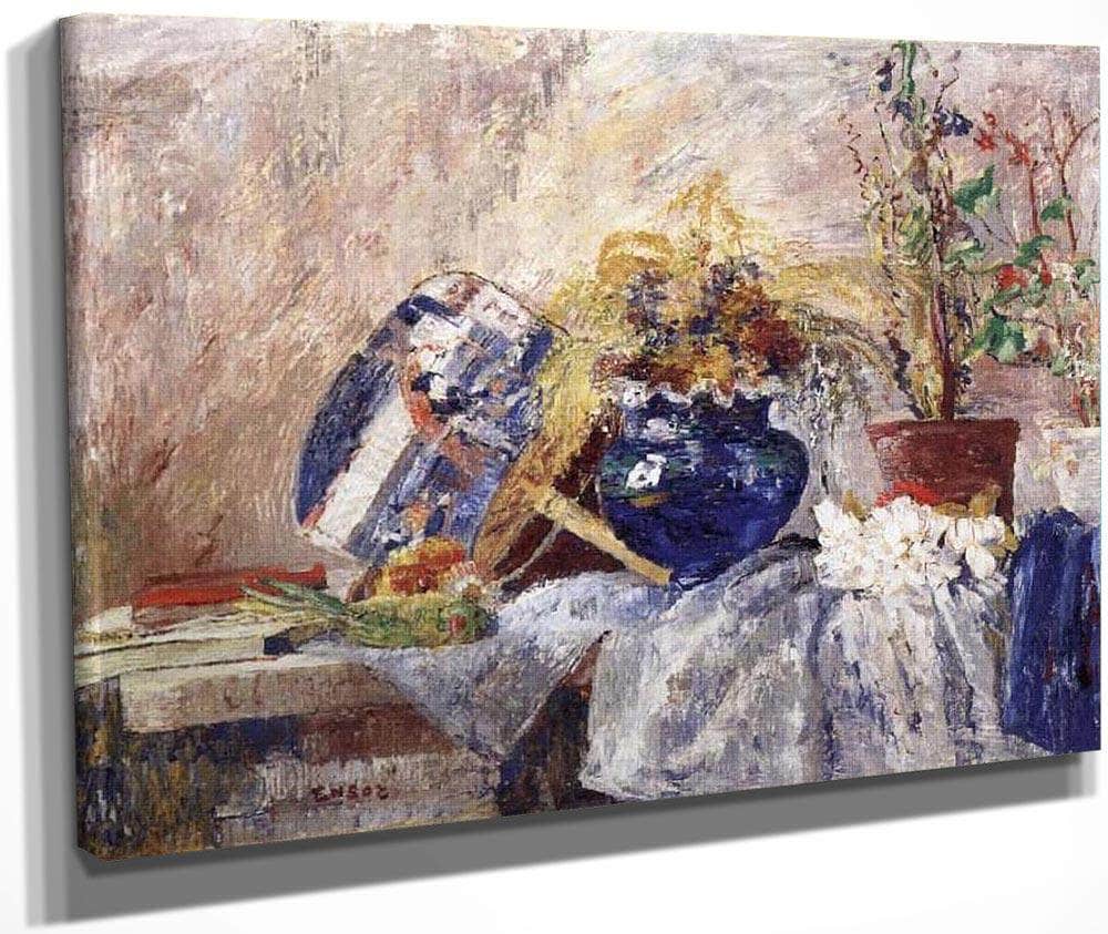 Still Life With Blue Vase And Fan By James Ensor Fine Art Print