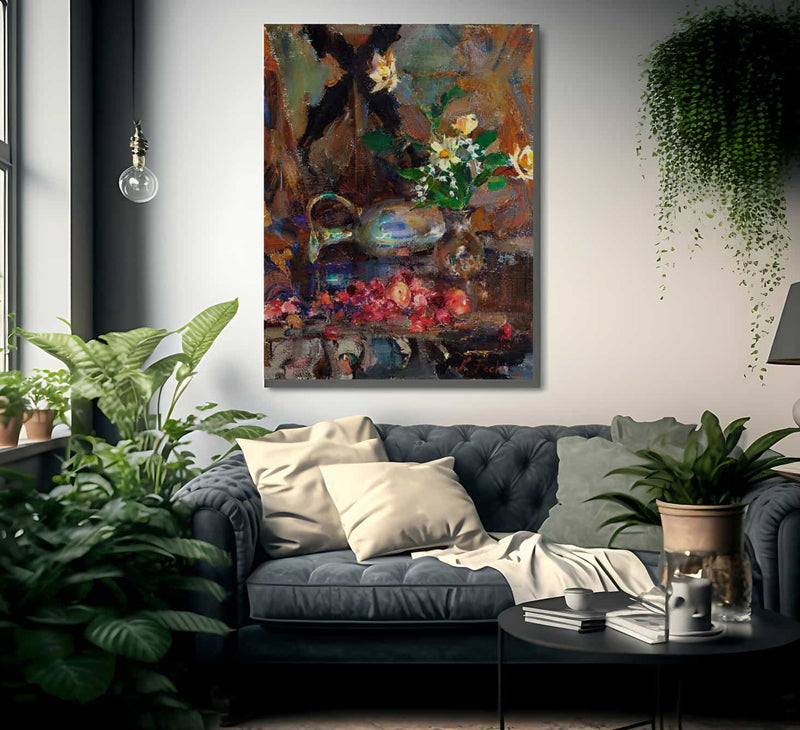 Still Life With Cherries Pitcher And Bouquet By Bruce Crane Fine Art Print