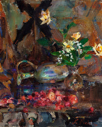Still Life With Cherries Pitcher And Bouquet By Bruce Crane Fine Art Print
