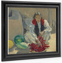 Stringing Chili Peppers By Walter Ufer Fine Art Print