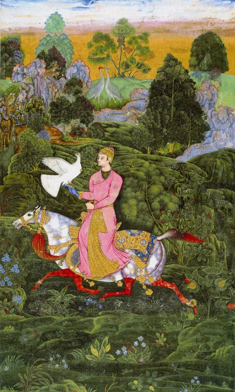 Sultan Ibrahim Adil Shah Ii Khan Hunting With A Hawk 1590 By Farrukh Beg Fine Art Print