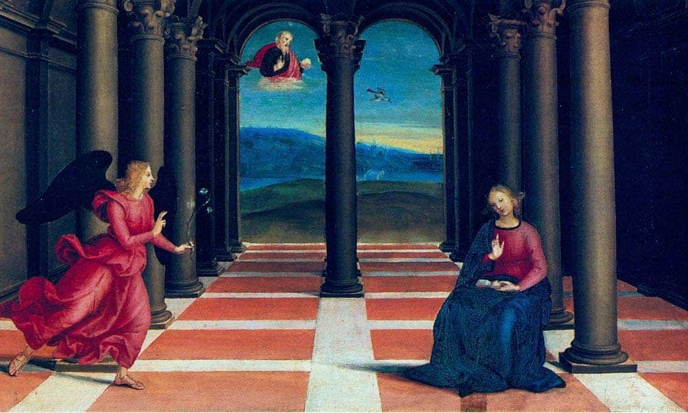 The Annunciation (From Thepredella Of The Coronation Of The Virgin) By Raphael Fine Art Print