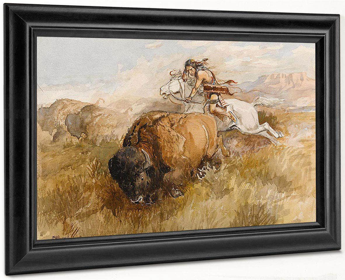The Chase (Indian On A White Horse Shooting A Buffalo) By Charles Marion Russell Fine Art Print