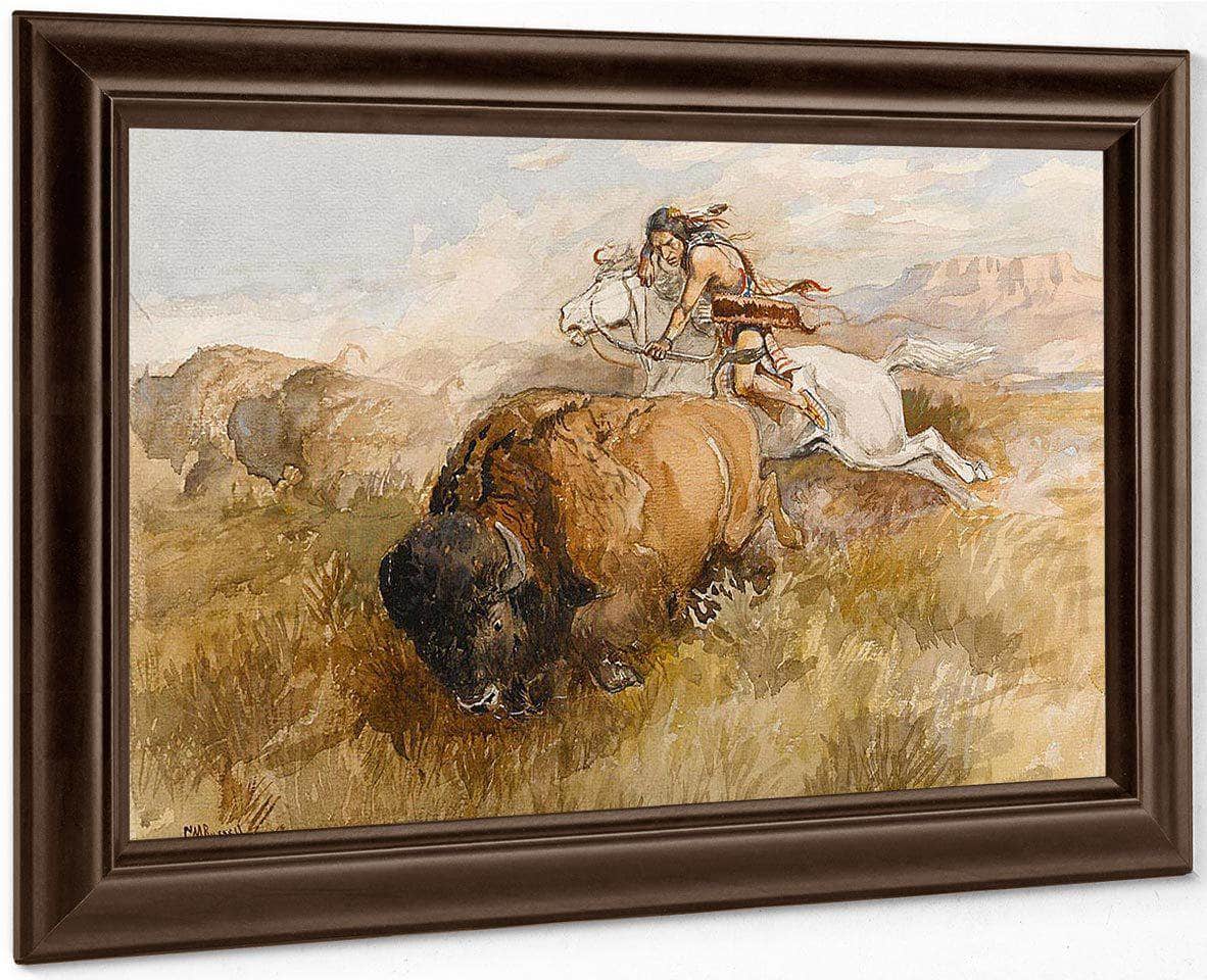 The Chase (Indian On A White Horse Shooting A Buffalo) By Charles Marion Russell Fine Art Print