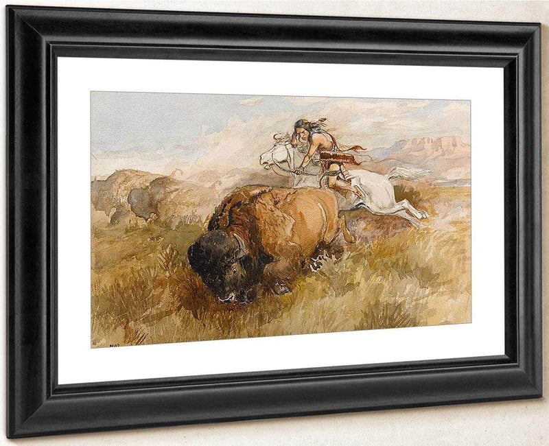 The Chase (Indian On A White Horse Shooting A Buffalo) By Charles Marion Russell Fine Art Print