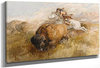 The Chase (Indian On A White Horse Shooting A Buffalo) By Charles Marion Russell Fine Art Print