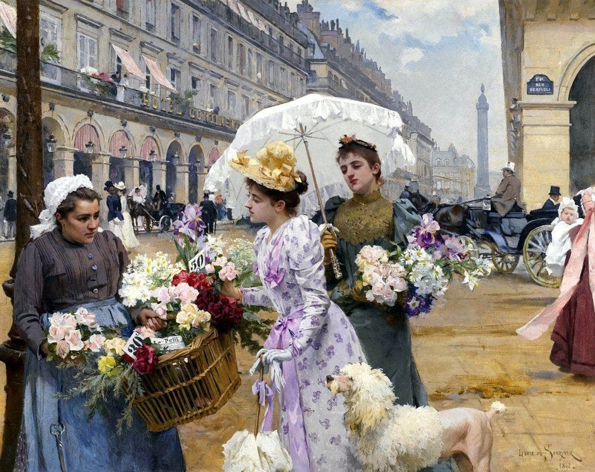 The Flower Market Rue De Rivoli Painting Louis De Schryver Canvas Art Fine Art Print