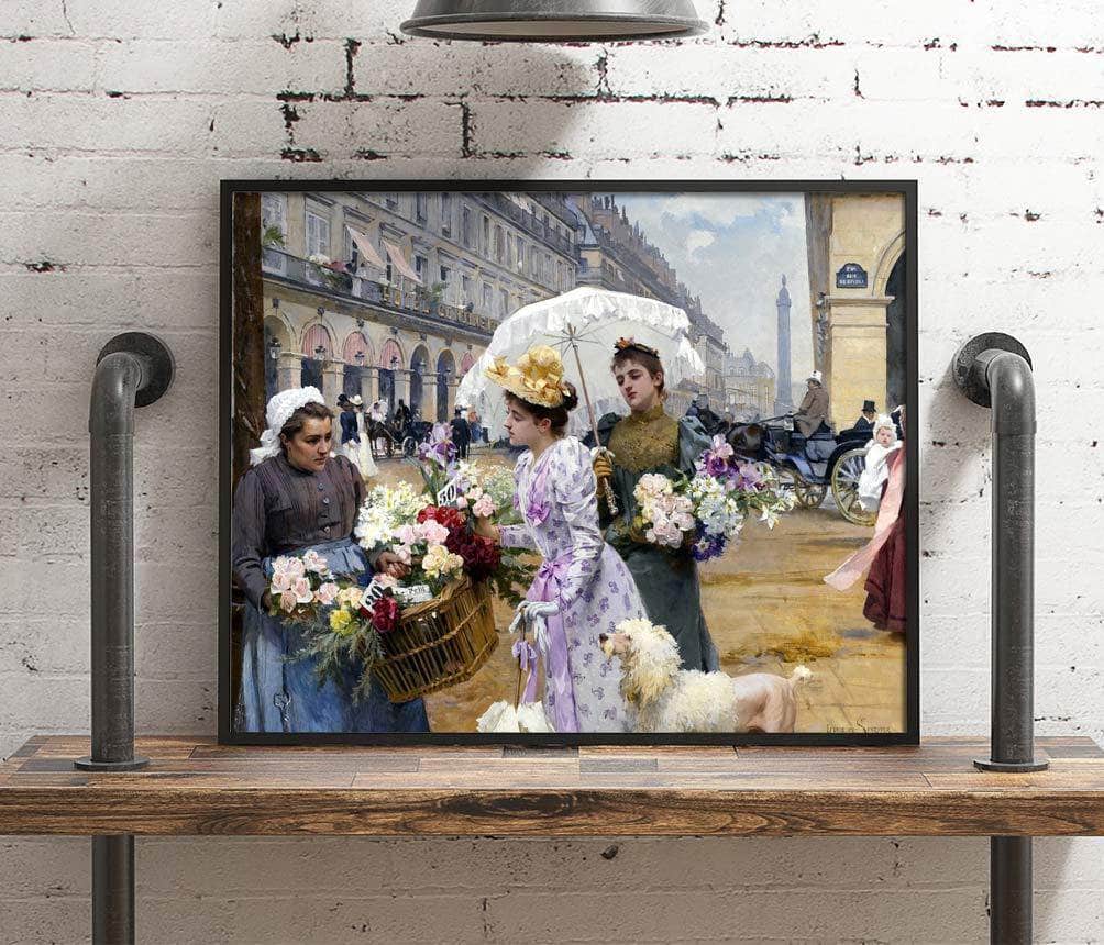 The Flower Market Rue De Rivoli Painting Louis De Schryver Canvas Art Fine Art Print
