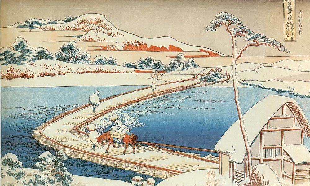 The Pontoon Bridge At Sano In Kozuke Province In Winter By Hokusai Fine Art Print
