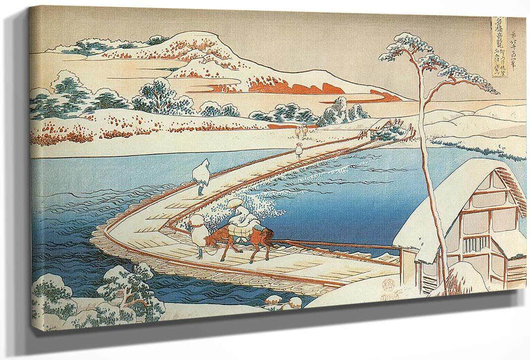 The Pontoon Bridge At Sano In Kozuke Province In Winter By Hokusai Fine Art Print