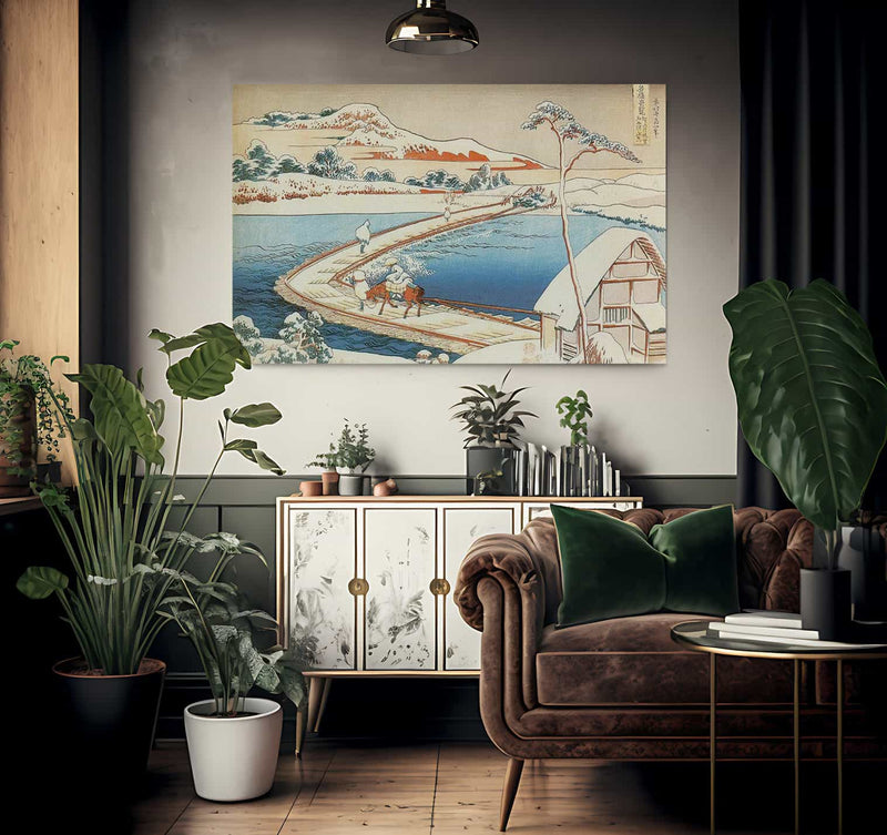 The Pontoon Bridge At Sano In Kozuke Province In Winter By Hokusai Fine Art Print