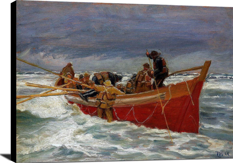 The Red Rescue Boat On It's Way Out Painting Michael Ancher Canvas Art Fine Art Print