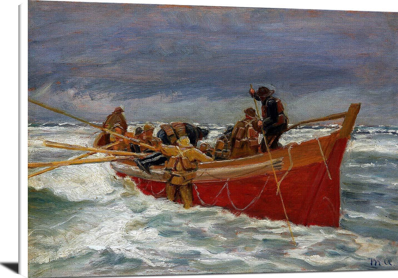 The Red Rescue Boat On It's Way Out Painting Michael Ancher Canvas Art Fine Art Print