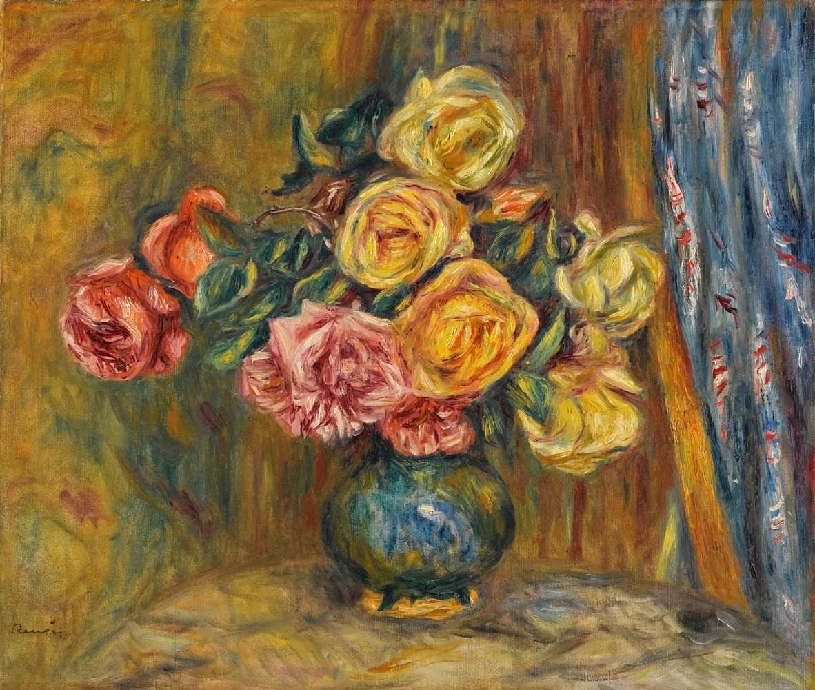 The Roses With Blue Curtain Painting Auguste Renoir Canvas Art Fine Art Print