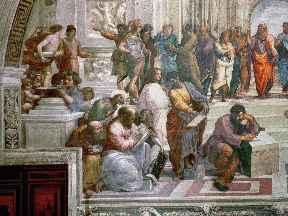The School Of Athens Detail From The Left Hand Side Showing Pythagoras Surrounded By Students And Michelangelo By Raphael Fine Art Print