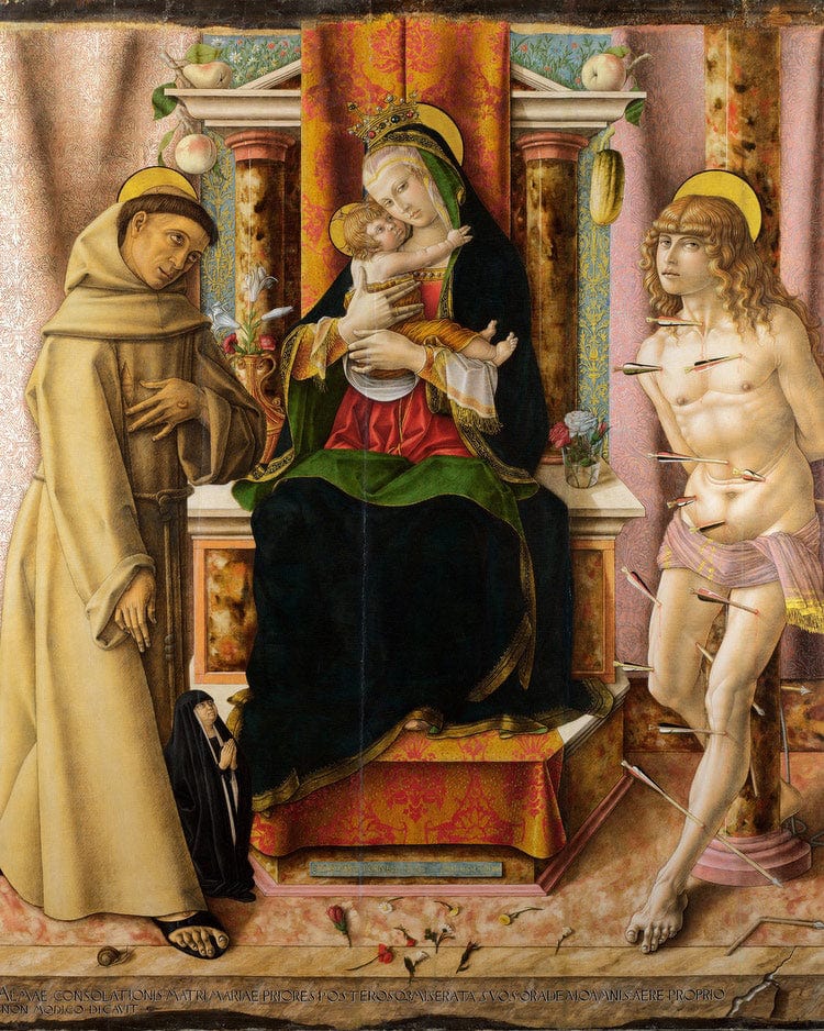 The Virgin And Child With Saints Francis And Sebastian 1491 By Carlo Crivelli Fine Art Print