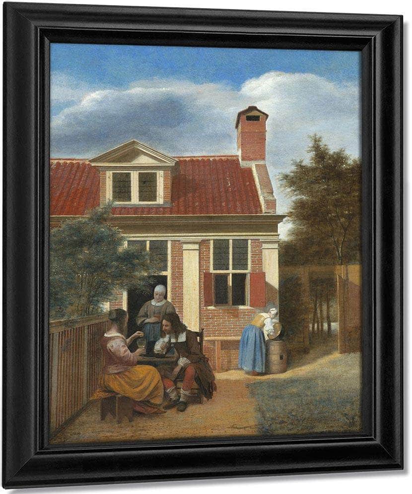 Three Women And A Man In A Yard Behind A House By Pieter De Hooch Fine Art Print