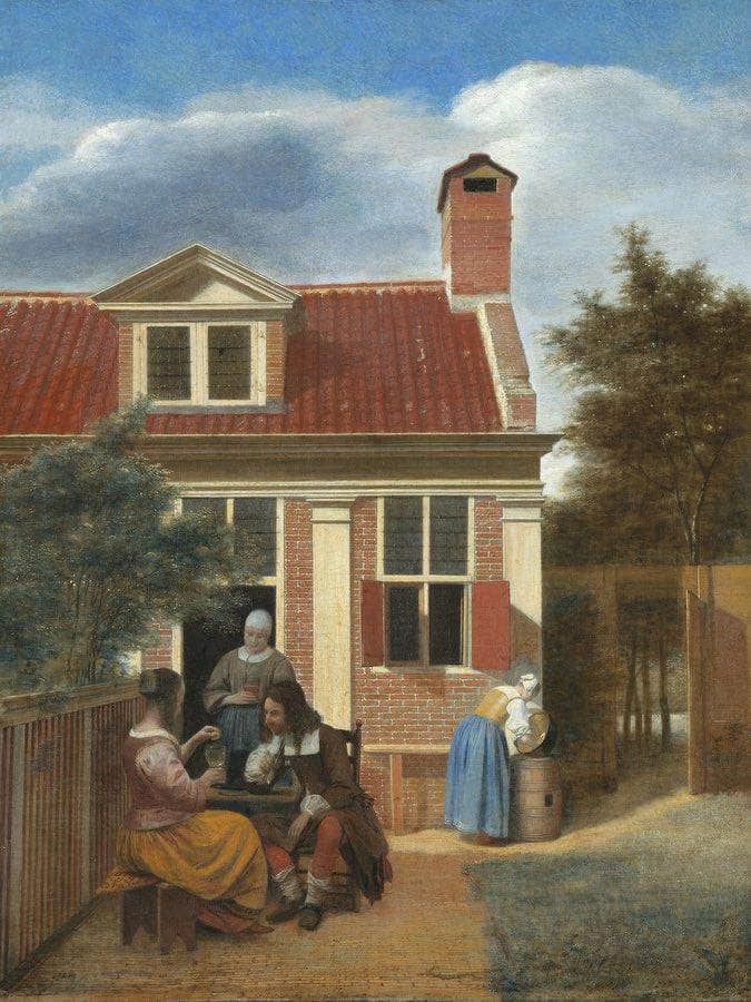 Three Women And A Man In A Yard Behind A House By Pieter De Hooch Fine Art Print