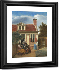 Three Women And A Man In A Yard Behind A House By Pieter De Hooch Fine Art Print
