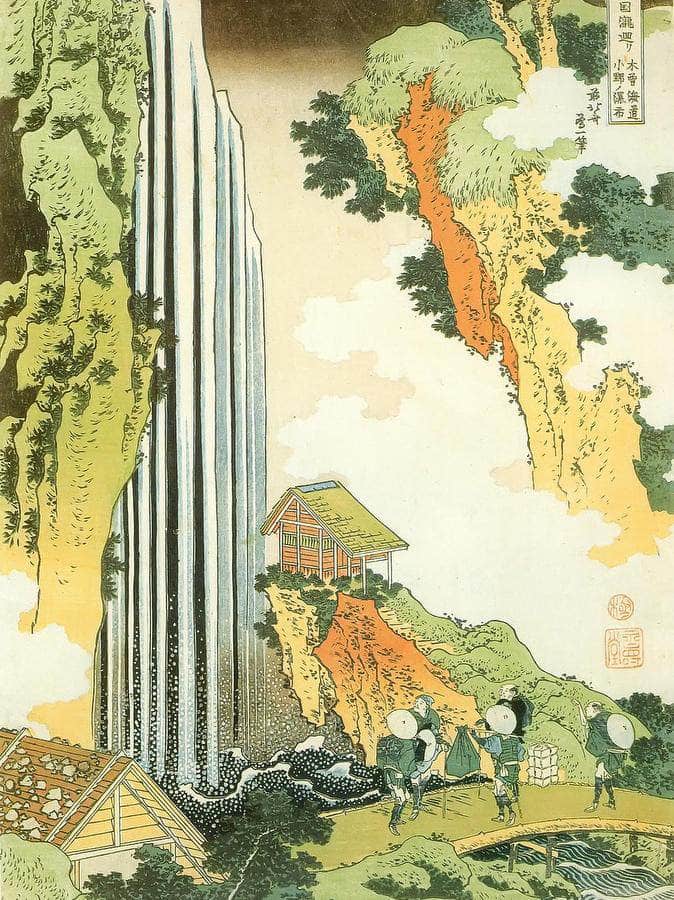 Traveller On The Bridge By Ono Waterfall By Hokusai Fine Art Print