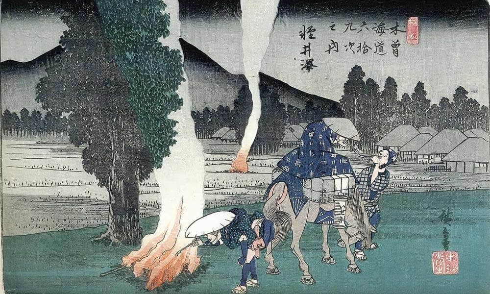 Travellers Lighting Their Pipes By A Fire By Hiroshige Fine Art Print