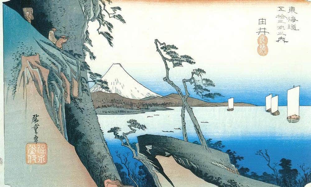 Travellers On High Cliff By The Sea By Hiroshige Fine Art Print
