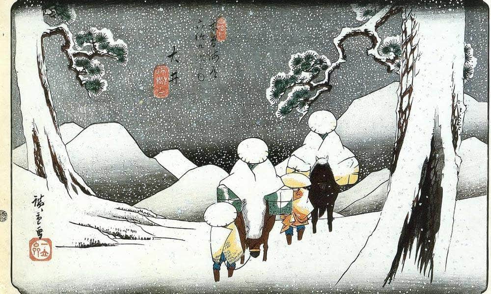 Travellers On Horseback In The Snow By Hiroshige Fine Art Print