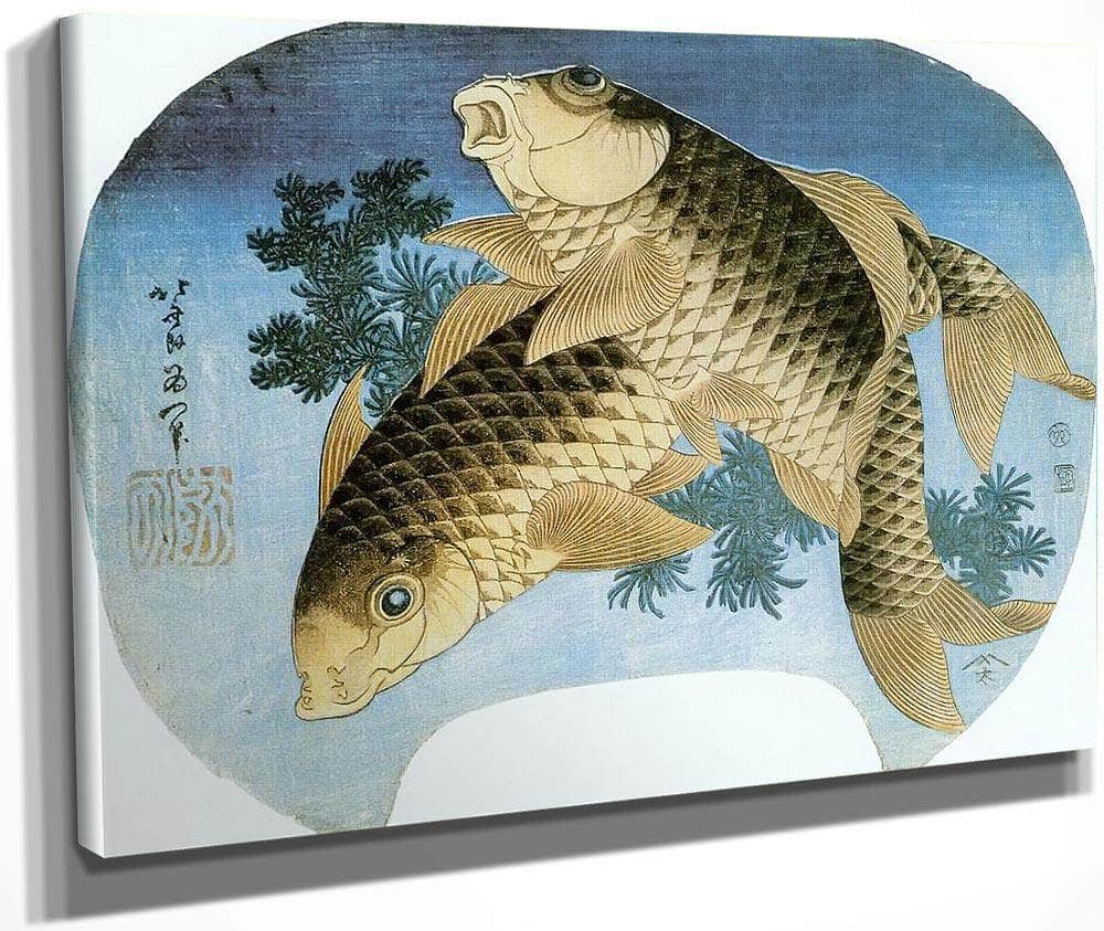 Two Carp Among Waterweeds By Hokusai Fine Art Print