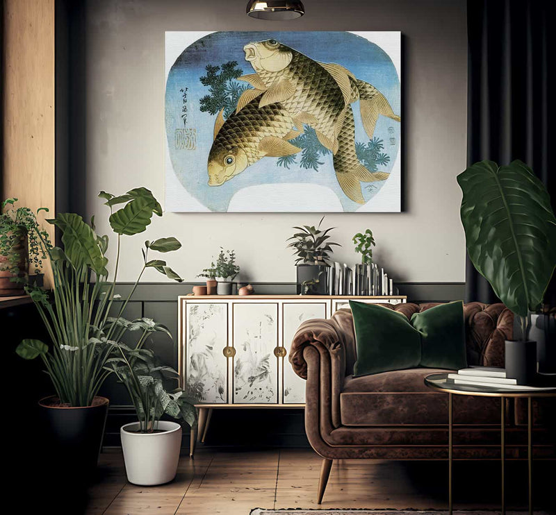 Two Carp Among Waterweeds By Hokusai Fine Art Print