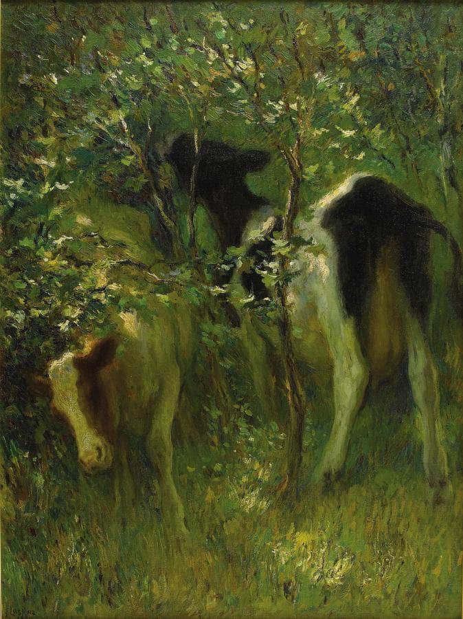 Two Cows In Flowering Bushes 1913 By Francis Luis Mora Fine Art Print