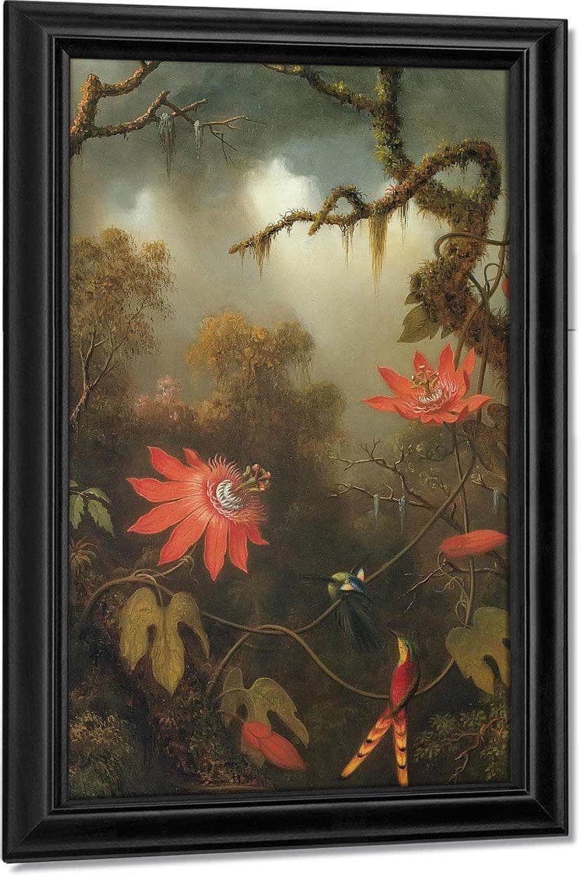 Two Hummingbirds Perched On Passion Flower Vines By Martin Johnson Heade Fine Art Print
