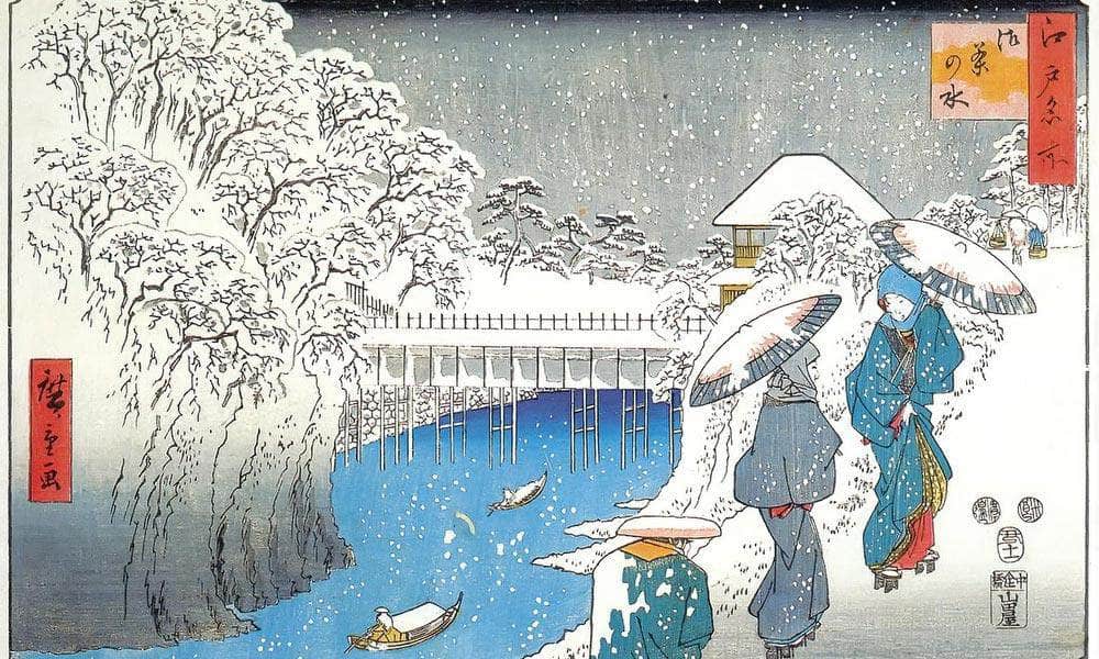 Two Ladies Conversing In The Snow By Hiroshige Fine Art Print