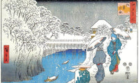 Two Ladies Conversing In The Snow By Hiroshige Fine Art Print
