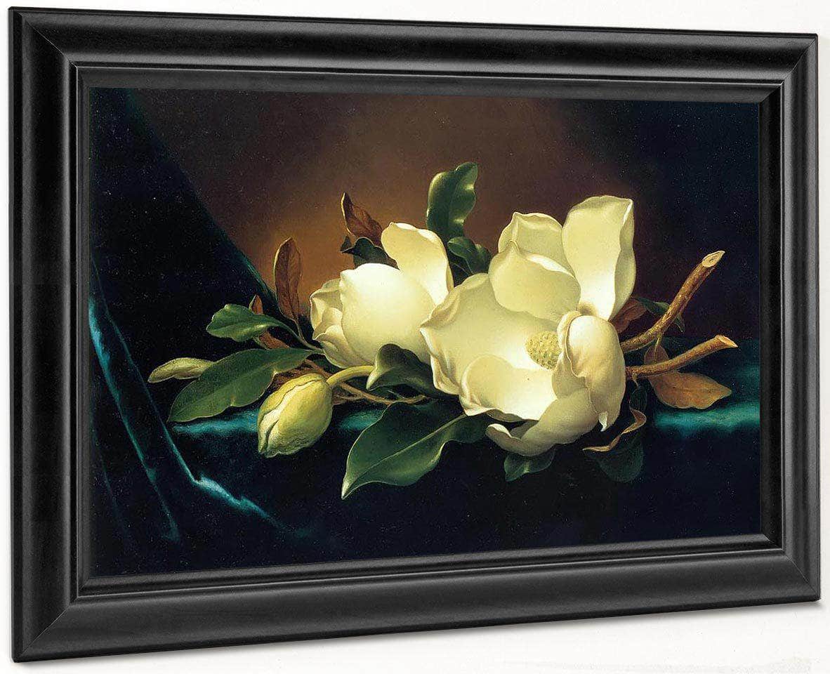 Two Magnolias And A Bud On Teal Velvet By Martin Johnson Heade Fine Art Print