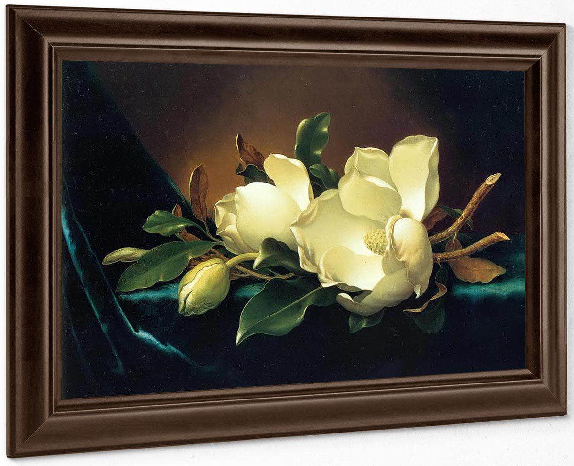 Two Magnolias And A Bud On Teal Velvet By Martin Johnson Heade Fine Art Print
