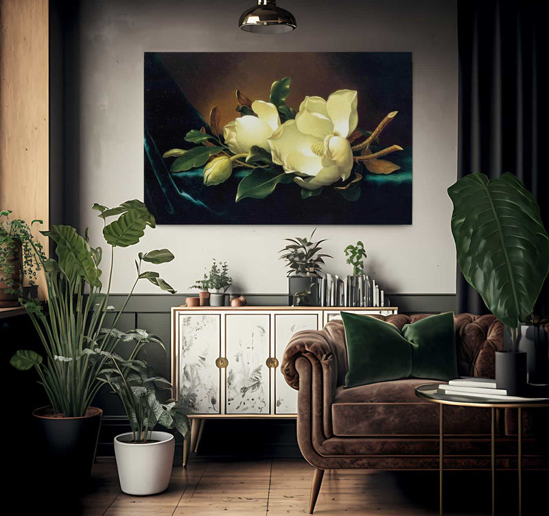 Two Magnolias And A Bud On Teal Velvet By Martin Johnson Heade Fine Art Print