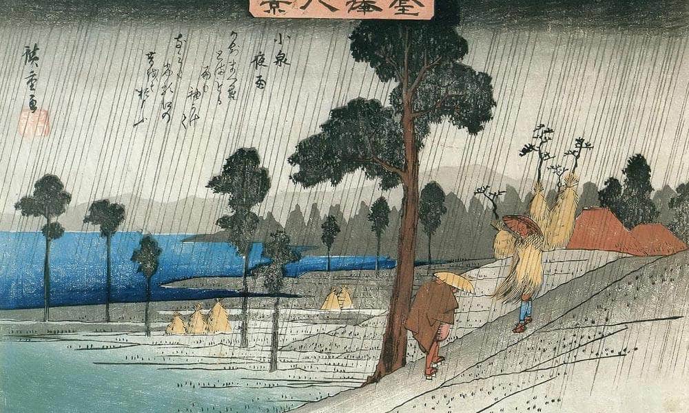 Two Man On A Sloping In The Rain By Hiroshige Fine Art Print