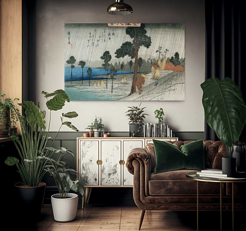 Two Man On A Sloping In The Rain By Hiroshige Fine Art Print