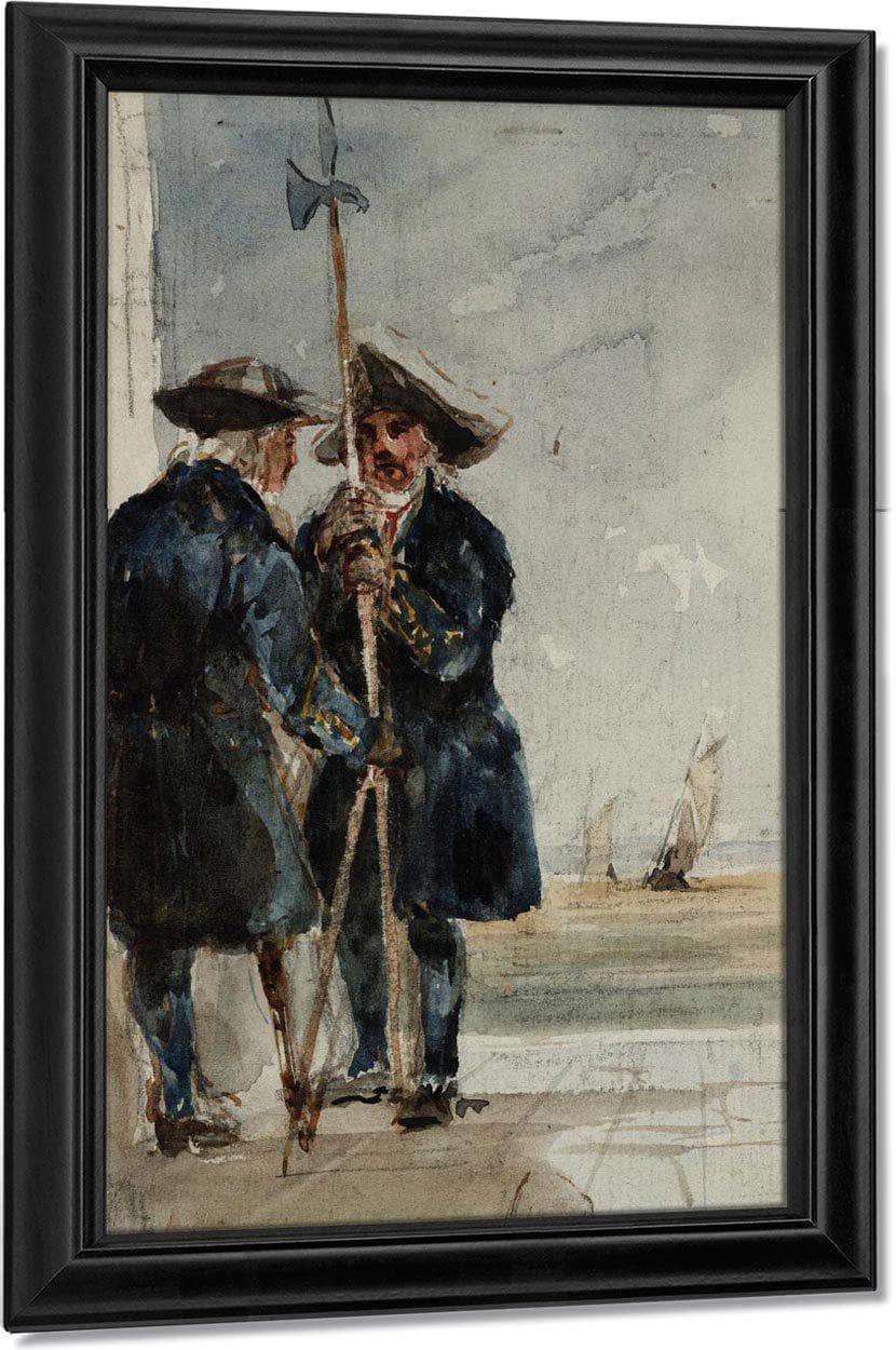 Two Naval Pensioners With Shipping Behind By David Cox Fine Art Print