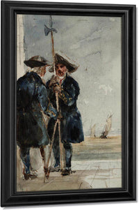 Two Naval Pensioners With Shipping Behind By David Cox Fine Art Print