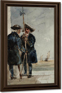 Two Naval Pensioners With Shipping Behind By David Cox Fine Art Print