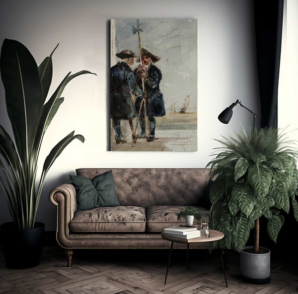 Two Naval Pensioners With Shipping Behind By David Cox Fine Art Print