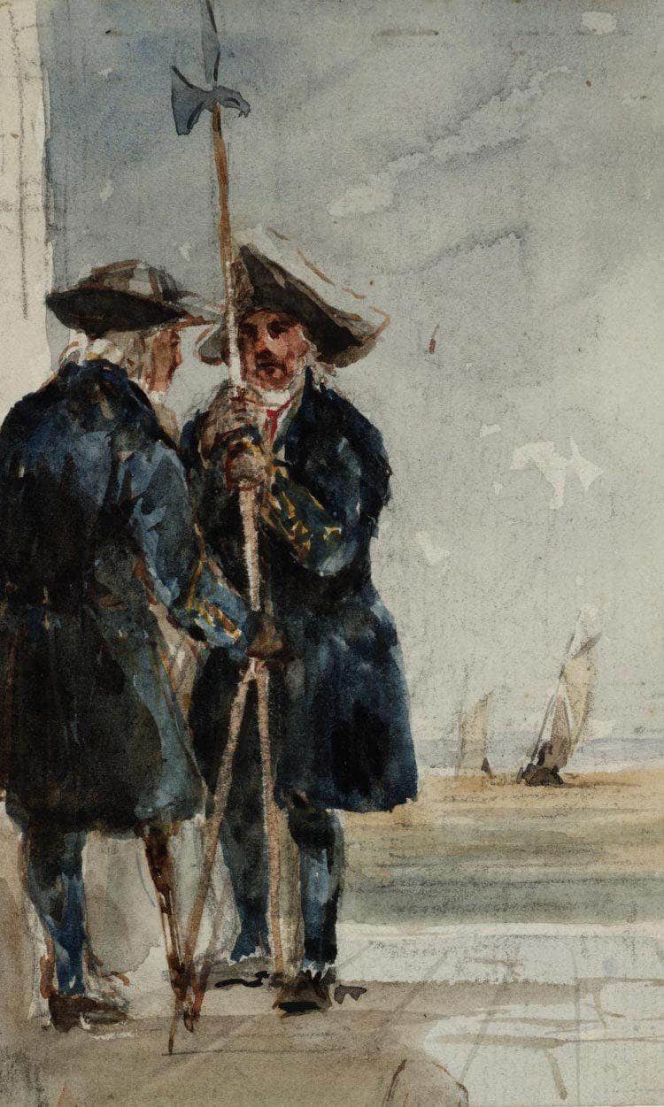 Two Naval Pensioners With Shipping Behind By David Cox Fine Art Print