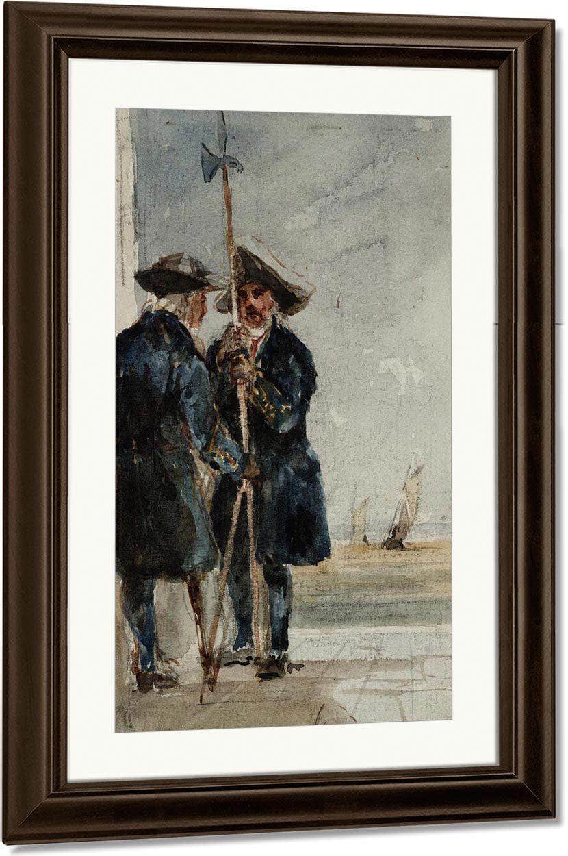 Two Naval Pensioners With Shipping Behind By David Cox Fine Art Print