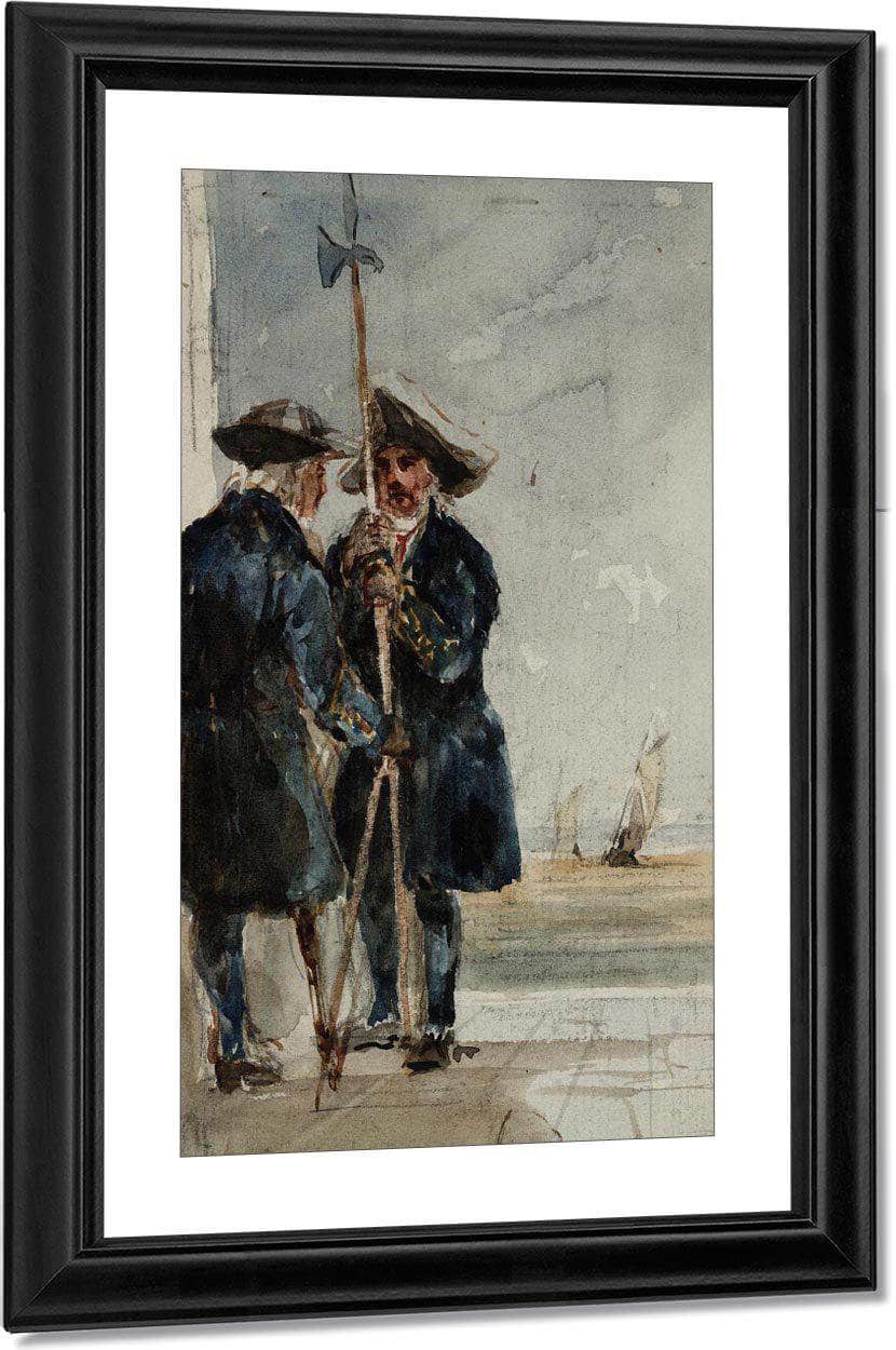 Two Naval Pensioners With Shipping Behind By David Cox Fine Art Print