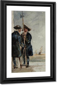 Two Naval Pensioners With Shipping Behind By David Cox Fine Art Print